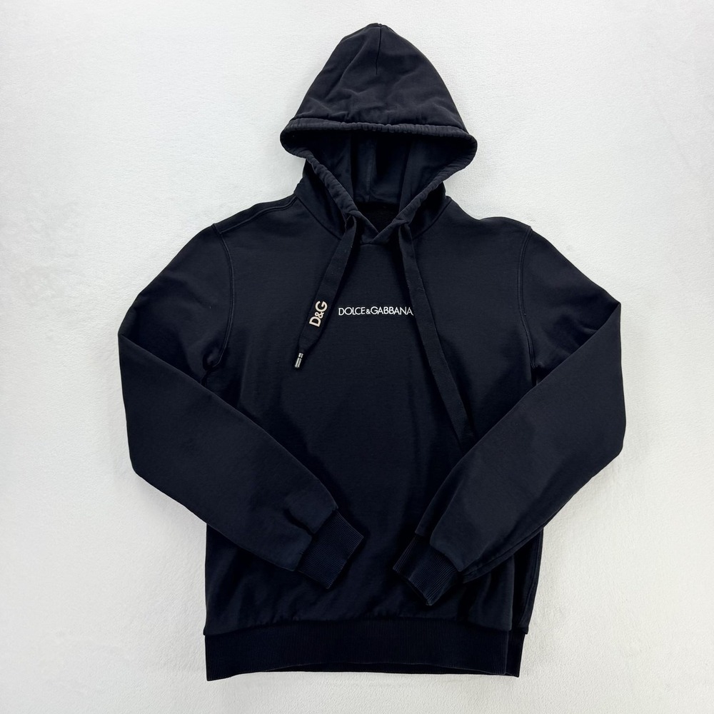 Dolce & Gabbana Hoodie Mens IT 48 Black Logo Pullover Fleece Sweatshirt Italy